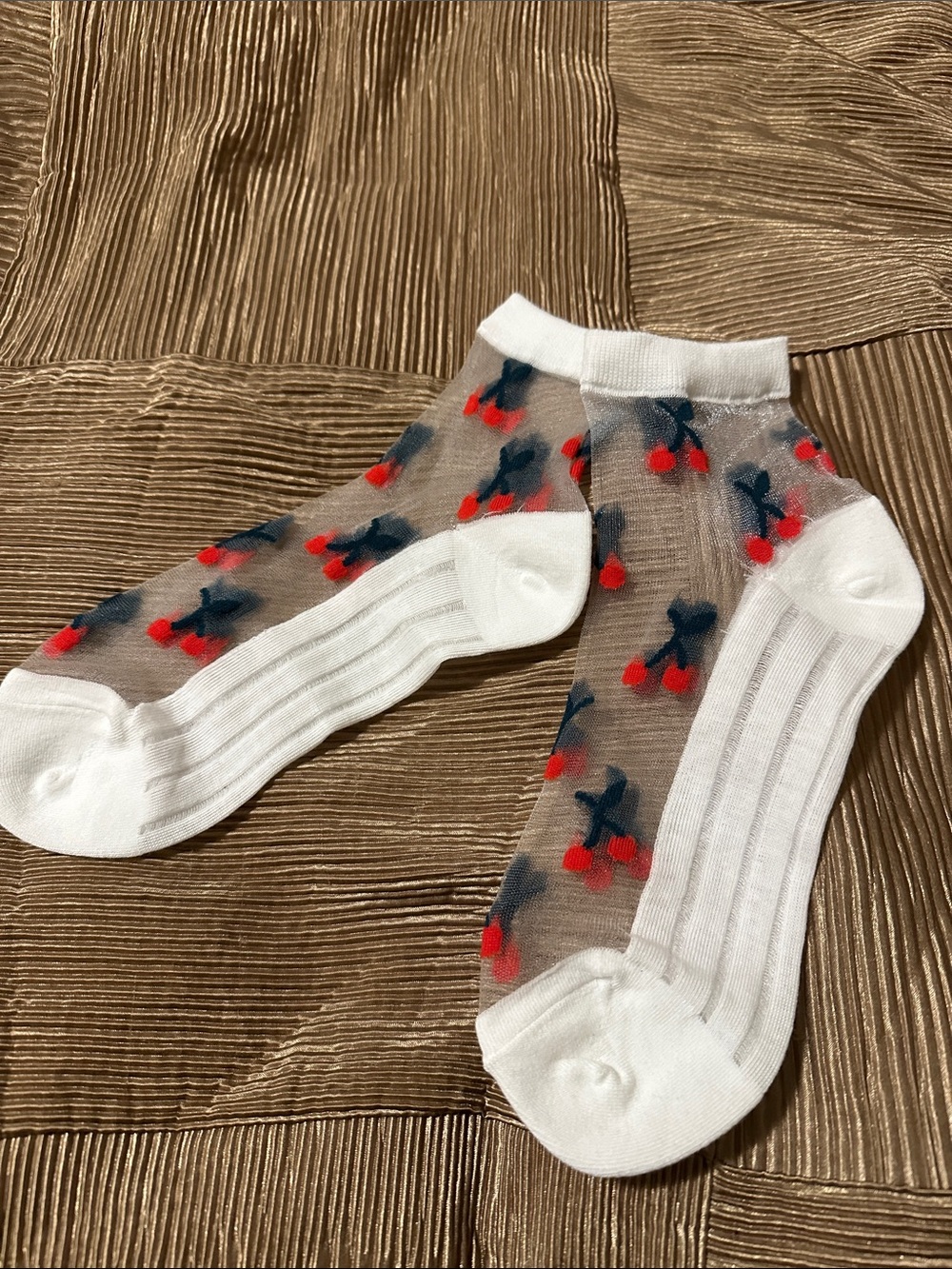 Sheer White Ankle Socks with Red Cherry Print